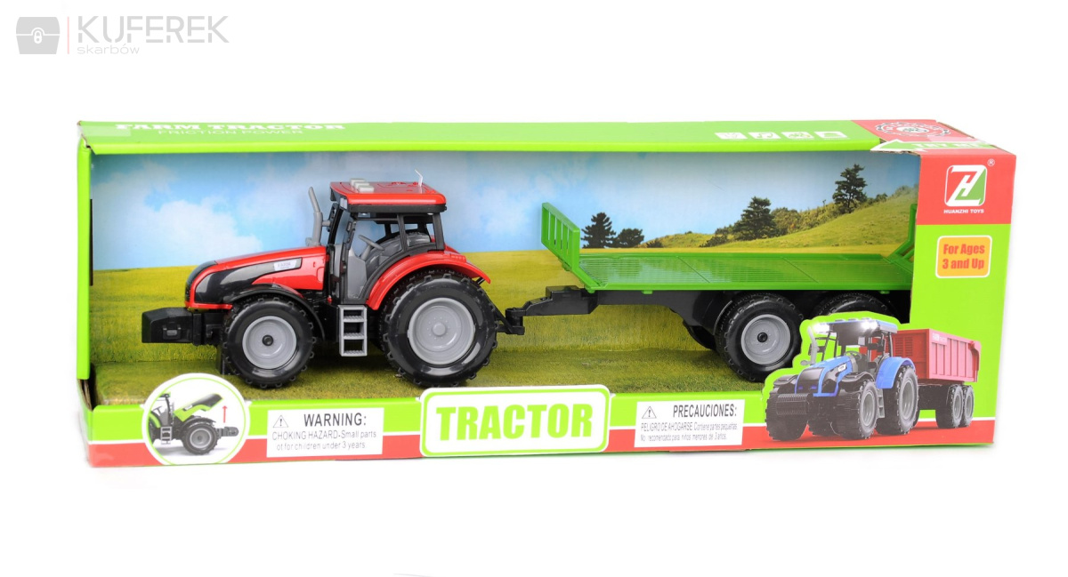 Czerwony traktor zabawka z przyczepą.