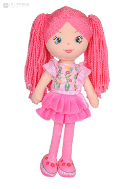 Lalka Małgosia szmcianka z różowymi włosami.