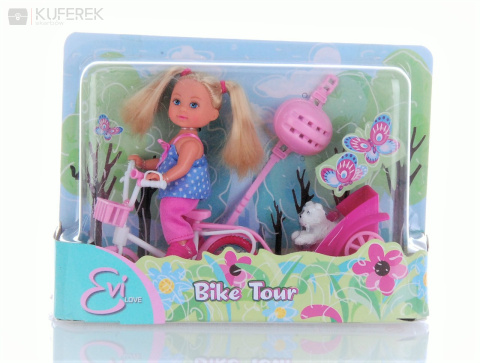 Lalka Evi na rowerze turystycznym z pieskiem.